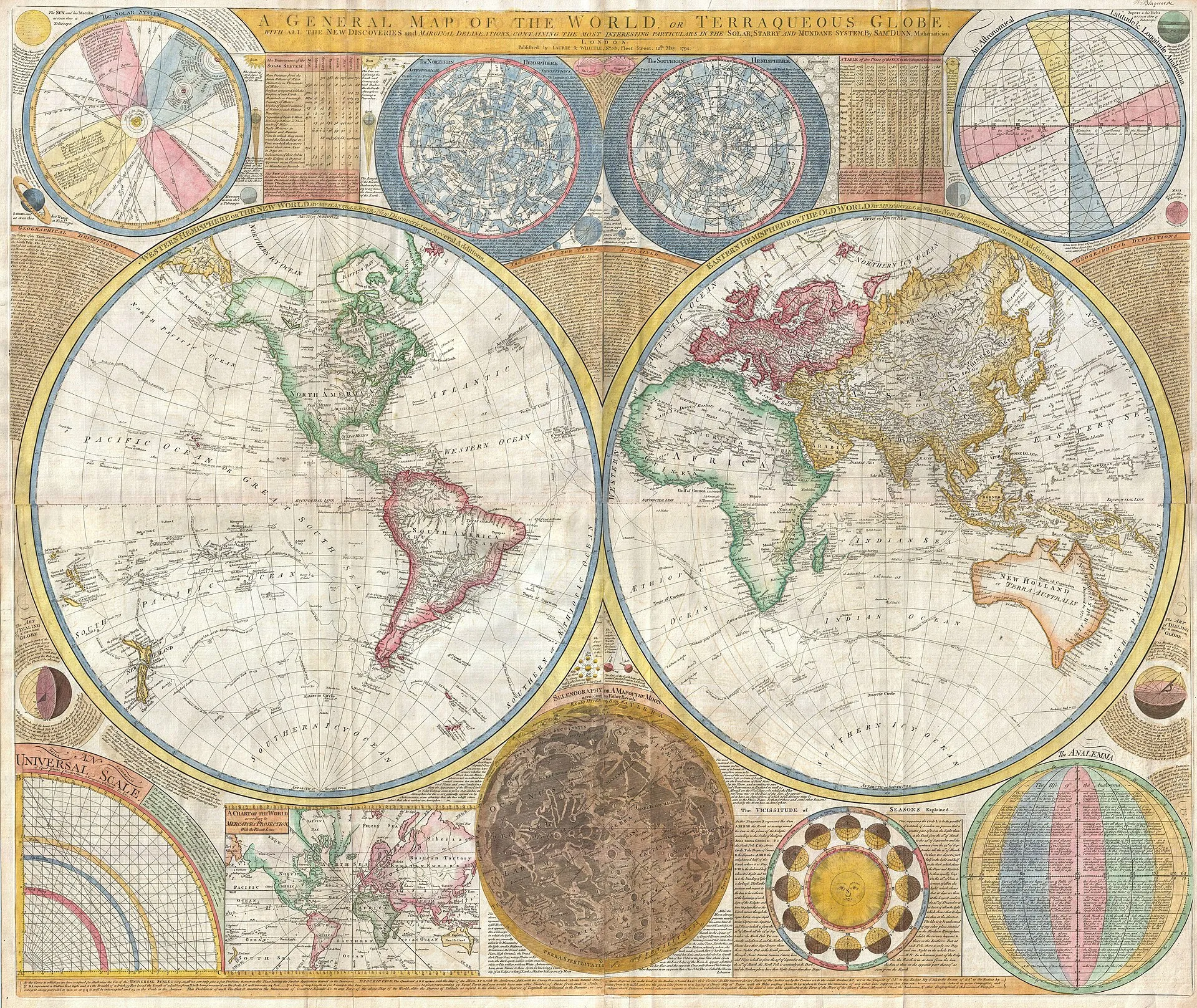 A 1794 wall map of the world in two hemispheres, drawn in fine engraved lines