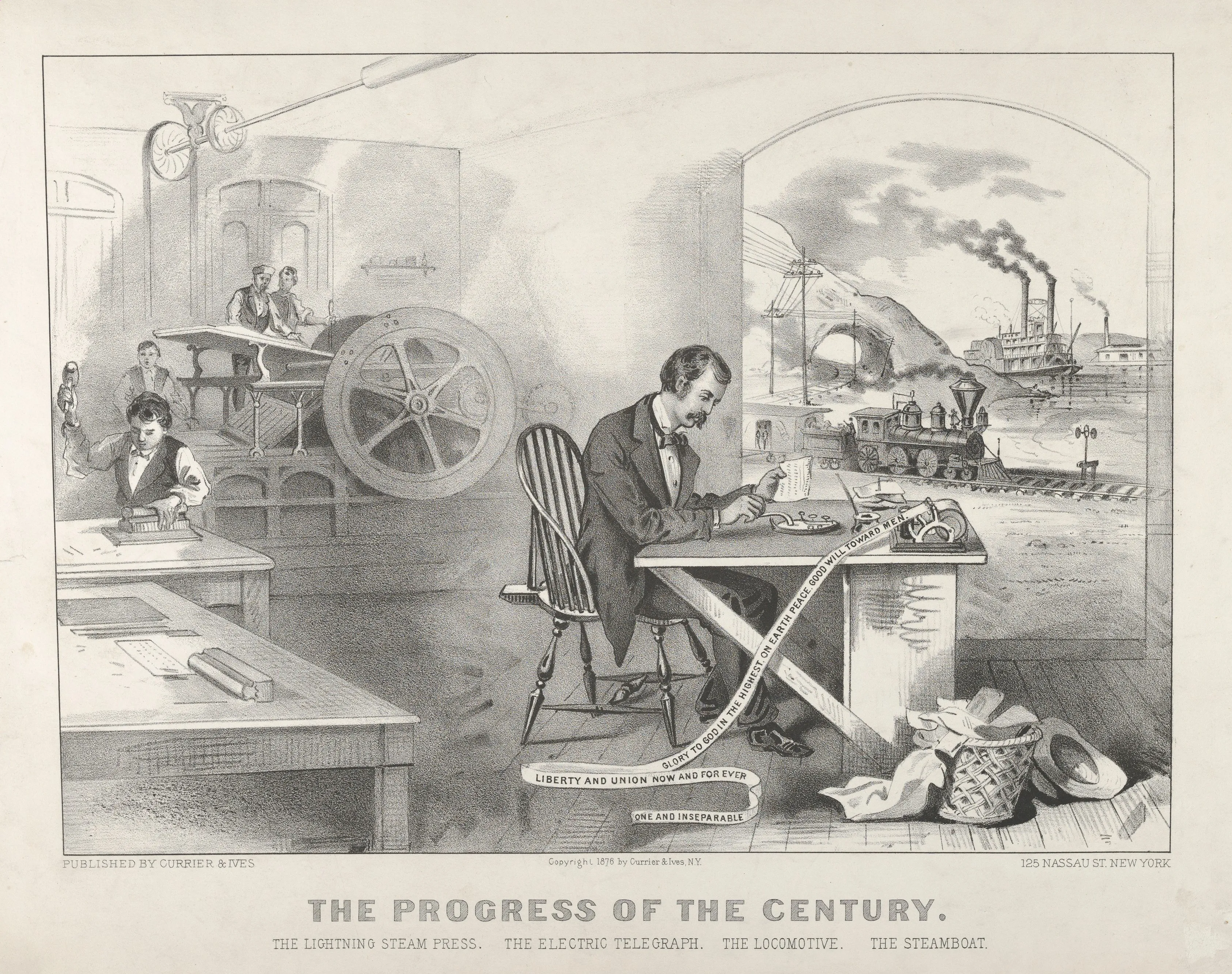An 1876 lithograph of the steam press, electric telegraph and locomotive, the machinery of the age